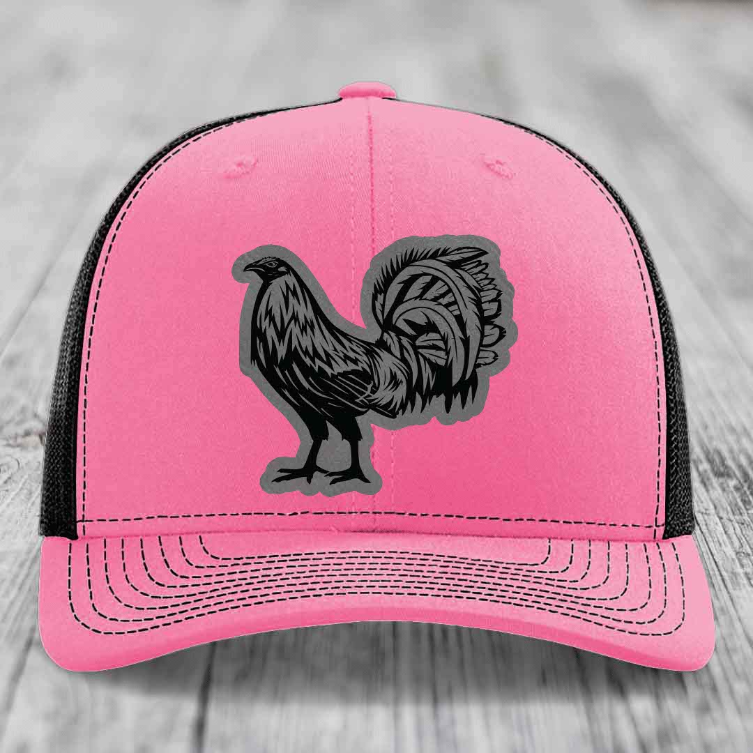 Rooster - Leather Patch Hat - Grey to Black Patch - Richardson 112 Snapback Trucker Hat
