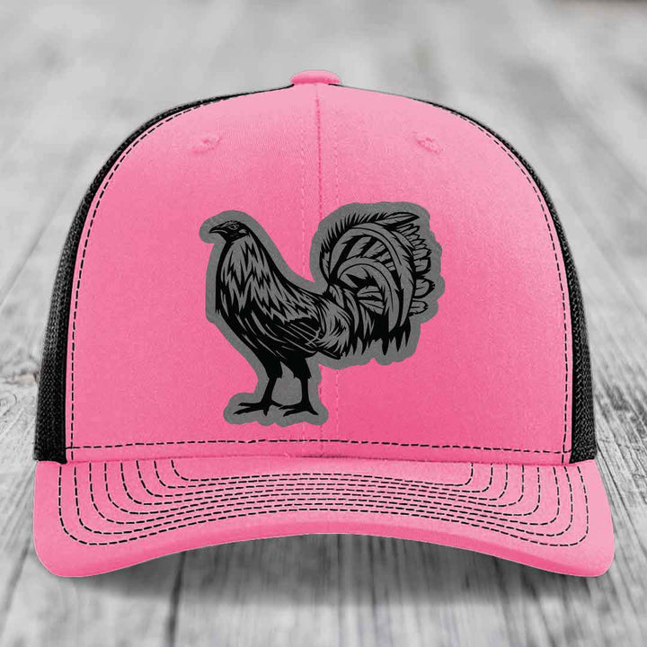 Rooster - Leather Patch Hat - Grey to Black Patch - Richardson 112 Snapback Trucker Hat