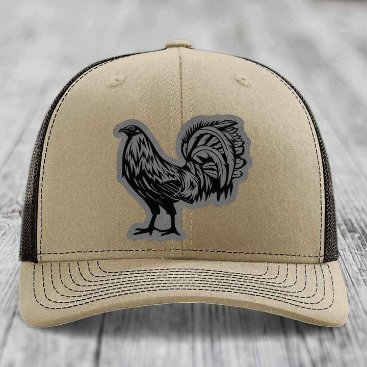 Rooster - Leather Patch Hat - Grey to Black Patch - Richardson 112 Snapback Trucker Hat