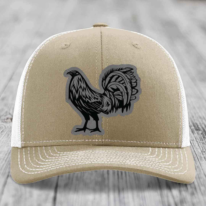 Rooster - Leather Patch Hat - Grey to Black Patch - Richardson 112 Snapback Trucker Hat