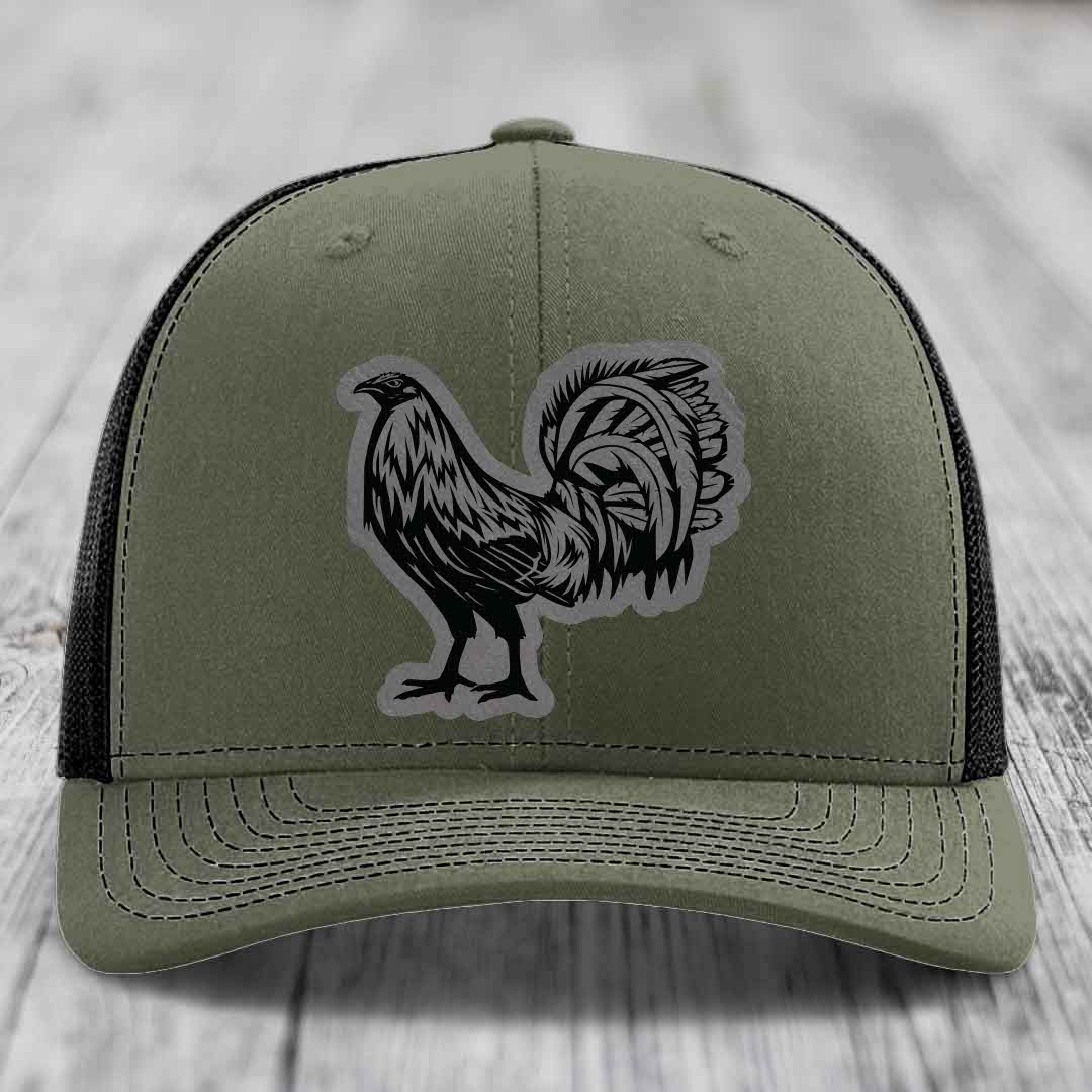 Rooster - Leather Patch Hat - Grey to Black Patch - Richardson 112 Snapback Trucker Hat