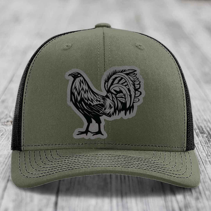 Rooster - Leather Patch Hat - Grey to Black Patch - Richardson 112 Snapback Trucker Hat