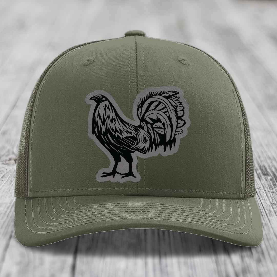 Rooster - Leather Patch Hat - Grey to Black Patch - Richardson 112 Snapback Trucker Hat