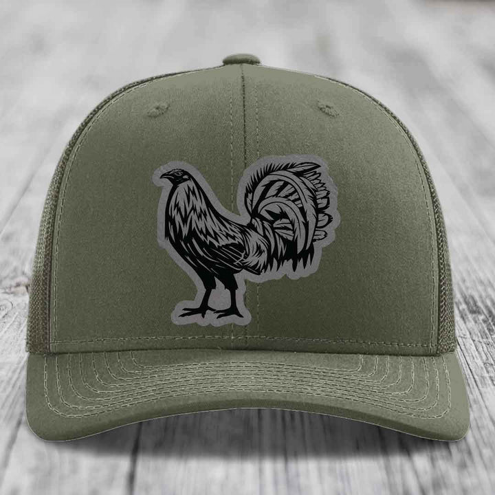 Rooster - Leather Patch Hat - Grey to Black Patch - Richardson 112 Snapback Trucker Hat