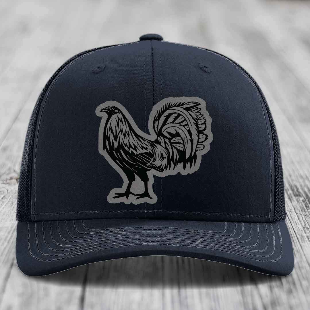 Rooster - Leather Patch Hat - Grey to Black Patch - Richardson 112 Snapback Trucker Hat
