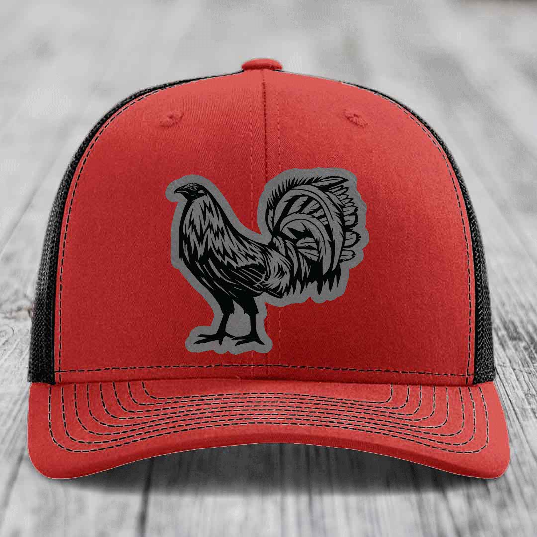 Rooster - Leather Patch Hat - Grey to Black Patch - Richardson 112 Snapback Trucker Hat