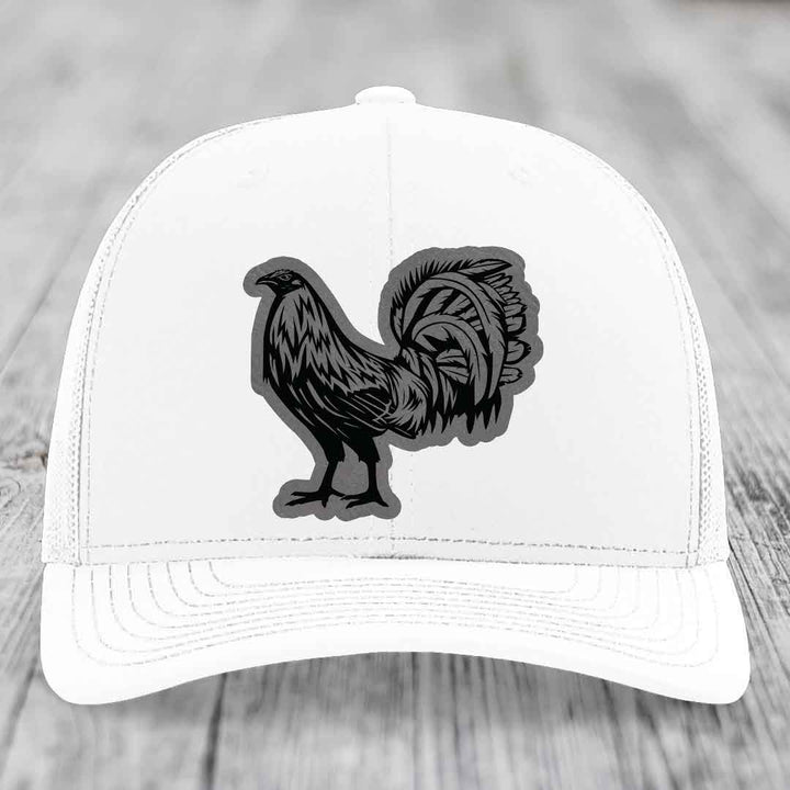 Rooster - Leather Patch Hat - Grey to Black Patch - Richardson 112 Snapback Trucker Hat