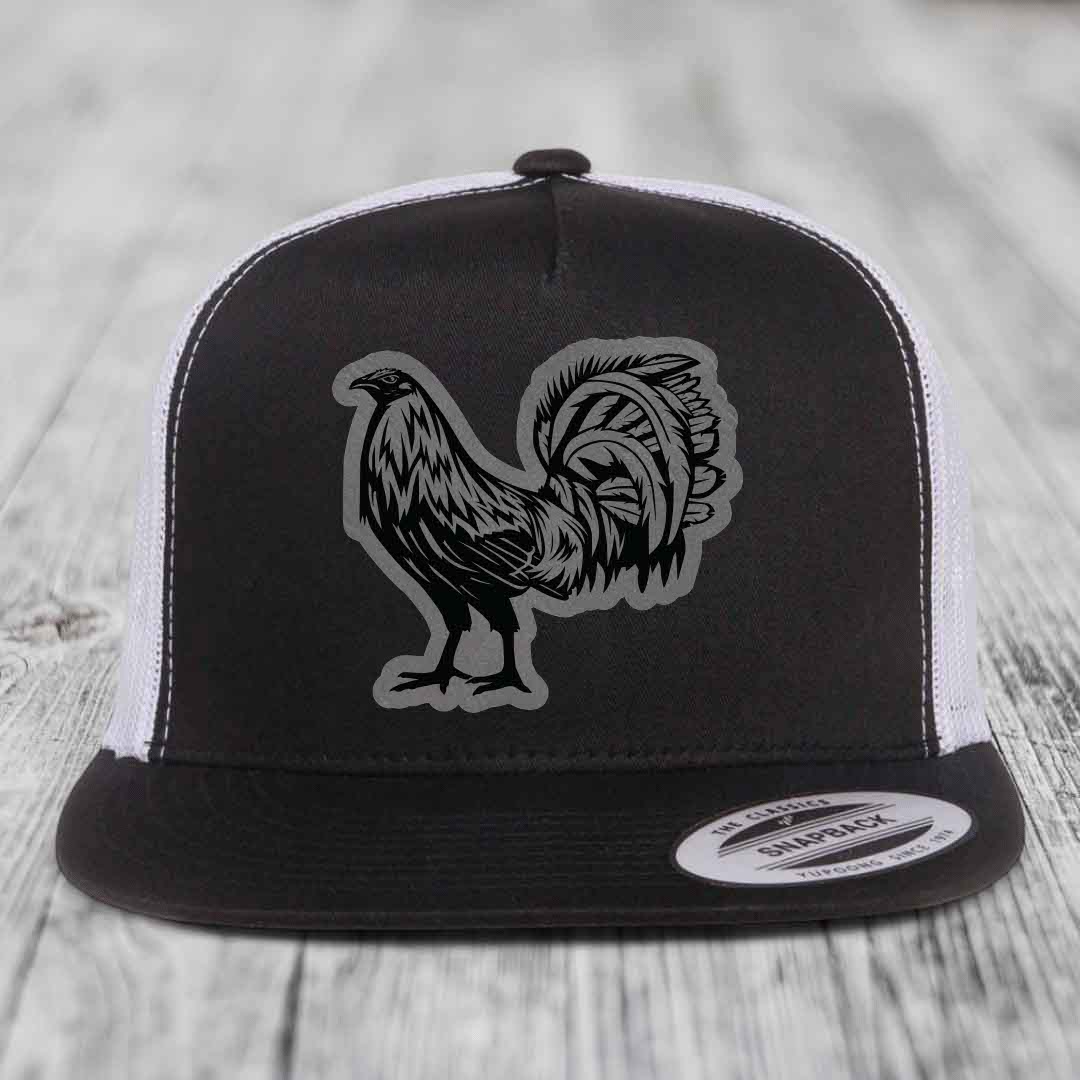 Rooster - Leather Patch Hat - Grey to Black Patch - Yupoong 6006 Snapback Flatbill Hat