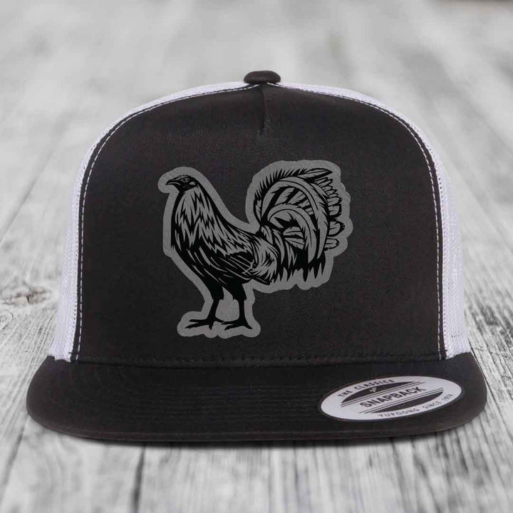 Rooster - Leather Patch Hat - Grey to Black Patch - Yupoong 6006 Snapback Flatbill Hat