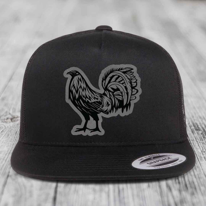 Rooster - Leather Patch Hat - Grey to Black Patch - Yupoong 6006 Snapback Flatbill Hat