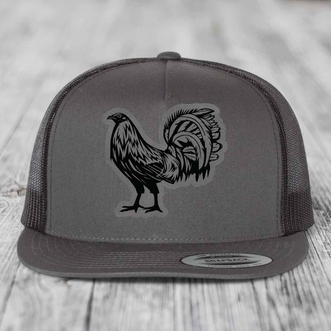 Rooster - Leather Patch Hat - Grey to Black Patch - Yupoong 6006 Snapback Flatbill Hat