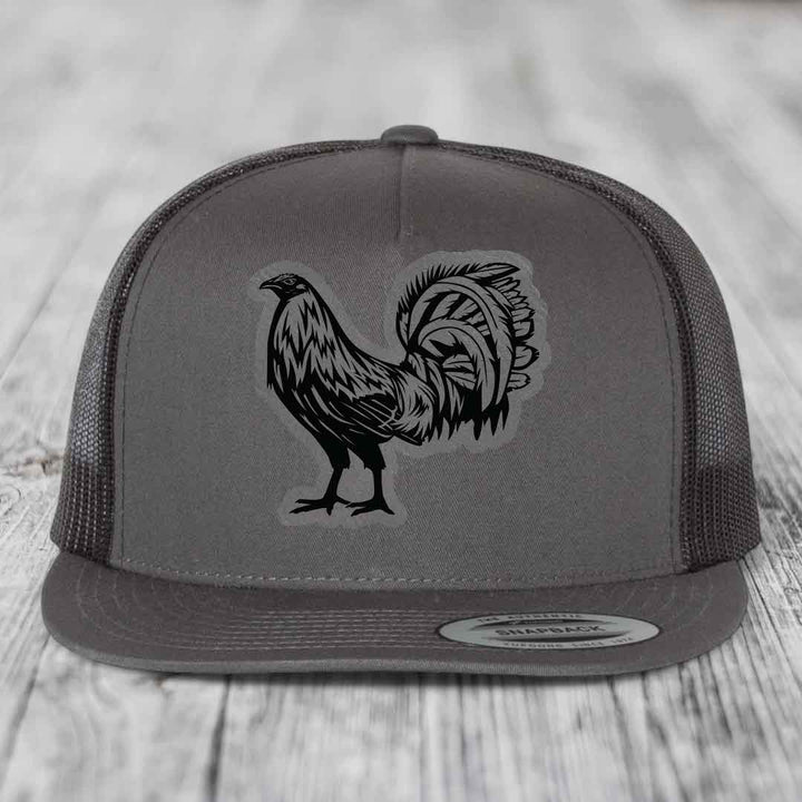 Rooster - Leather Patch Hat - Grey to Black Patch - Yupoong 6006 Snapback Flatbill Hat