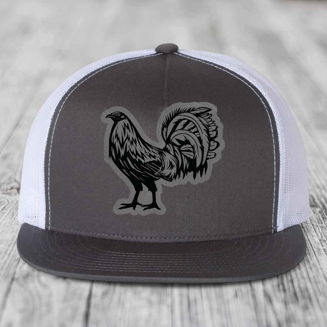 Rooster - Leather Patch Hat - Grey to Black Patch - Yupoong 6006 Snapback Flatbill Hat