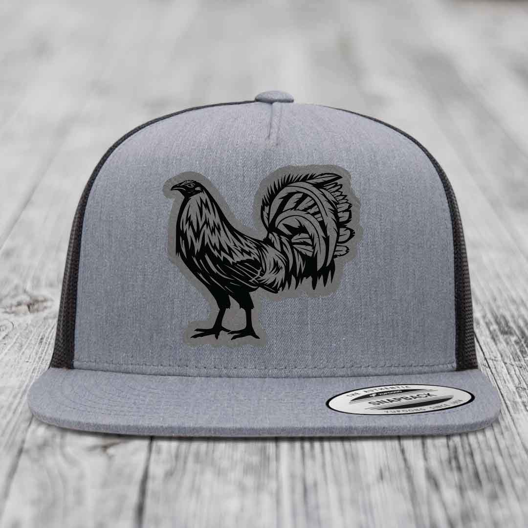 Rooster - Leather Patch Hat - Grey to Black Patch - Yupoong 6006 Snapback Flatbill Hat