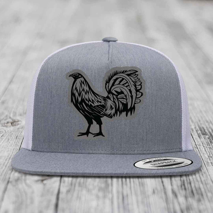 Rooster - Leather Patch Hat - Grey to Black Patch - Yupoong 6006 Snapback Flatbill Hat