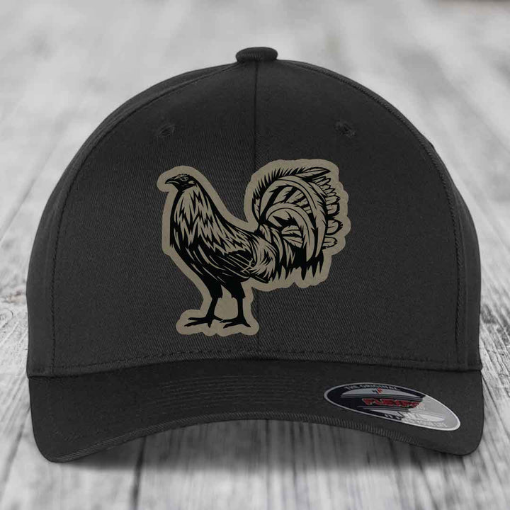 Rooster - Leather Patch Hat - Light Brown to Black Patch - Flexfit 6277 Fitted Hat