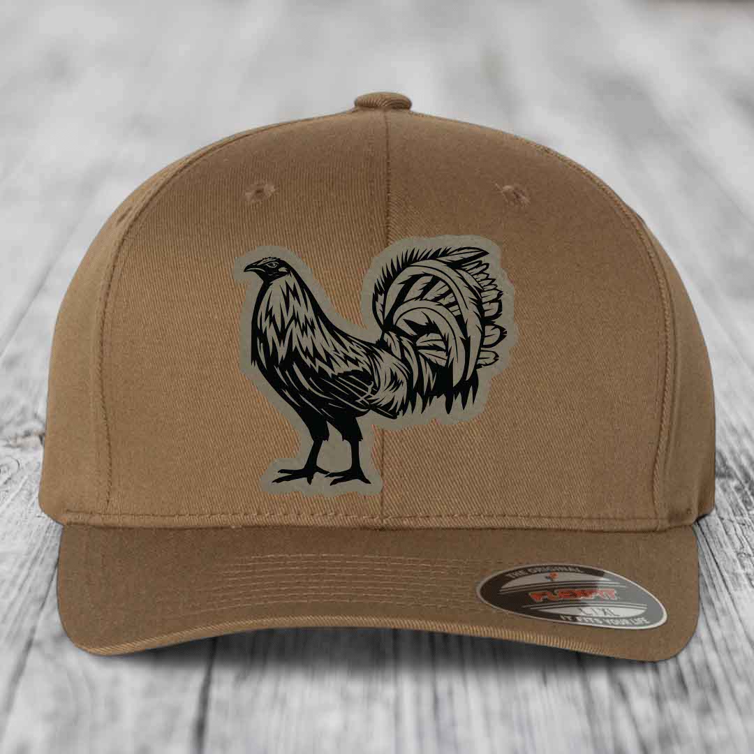 Rooster - Leather Patch Hat - Light Brown to Black Patch - Flexfit 6277 Fitted Hat