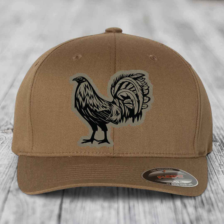 Rooster - Leather Patch Hat - Light Brown to Black Patch - Flexfit 6277 Fitted Hat