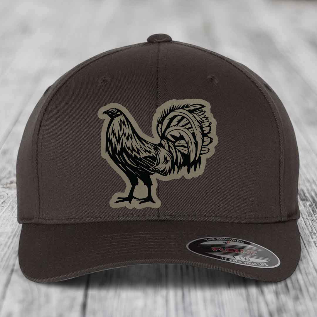 Rooster - Leather Patch Hat - Light Brown to Black Patch - Flexfit 6277 Fitted Hat
