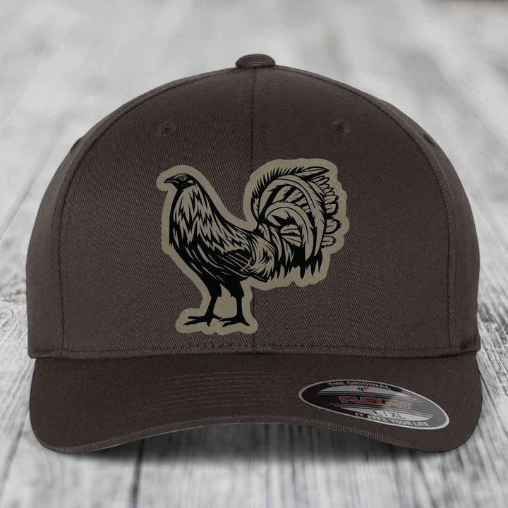 Rooster - Leather Patch Hat - Light Brown to Black Patch - Flexfit 6277 Fitted Hat