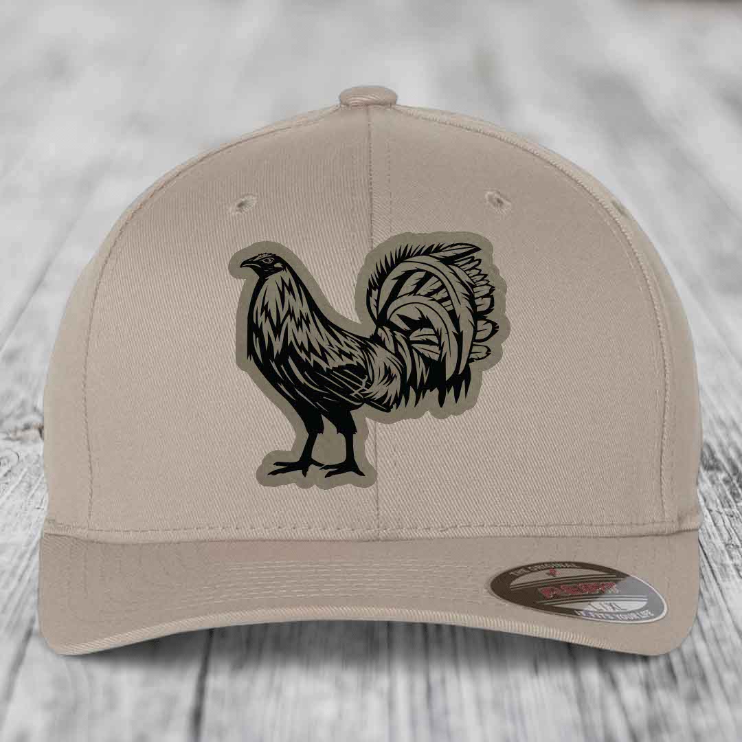 Rooster - Leather Patch Hat - Light Brown to Black Patch - Flexfit 6277 Fitted Hat