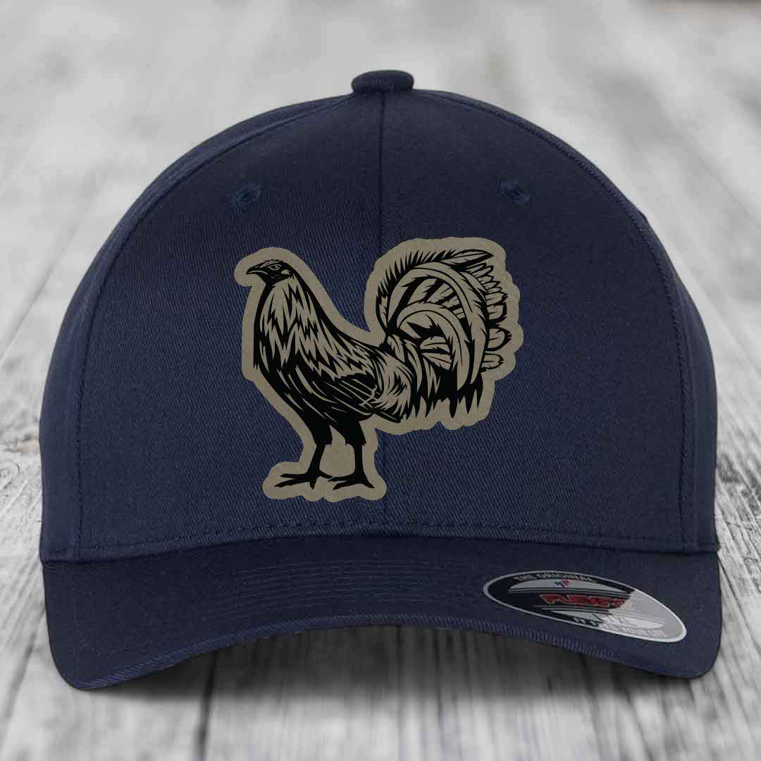 Rooster - Leather Patch Hat - Light Brown to Black Patch - Flexfit 6277 Fitted Hat