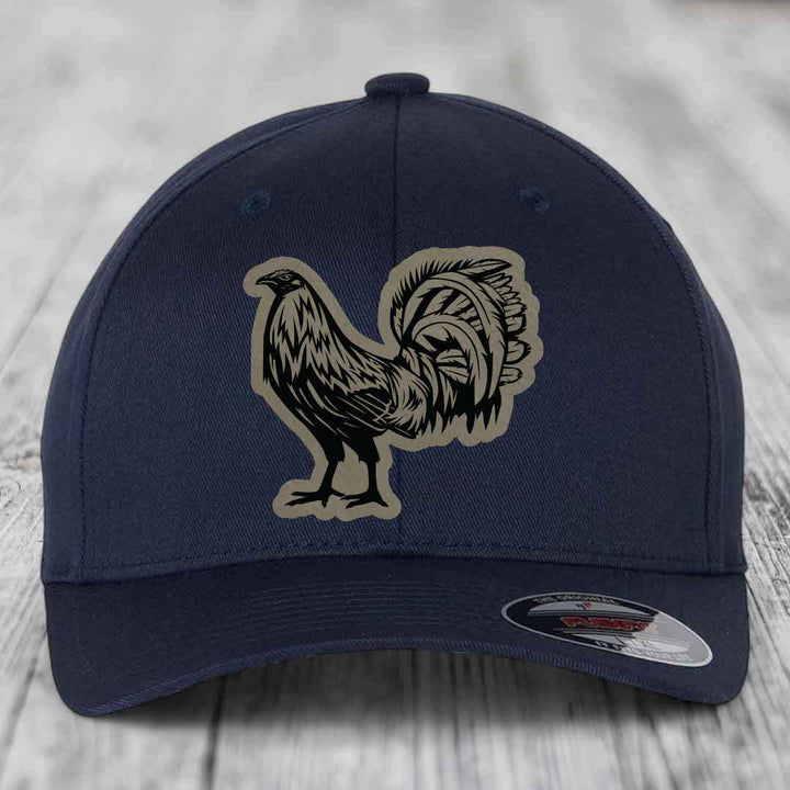 Rooster - Leather Patch Hat - Light Brown to Black Patch - Flexfit 6277 Fitted Hat