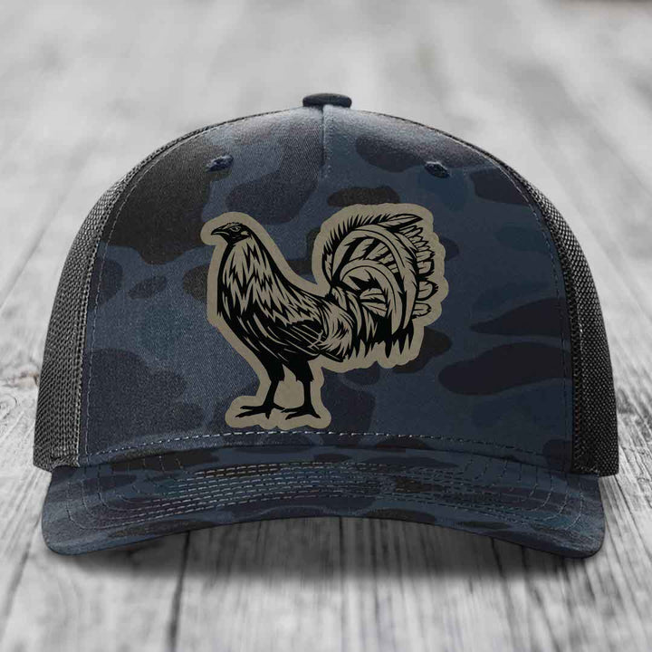 Rooster - Leather Patch Hat - Light Brown to Black Patch - Richardson 112PFP Snapback Trucker Hat