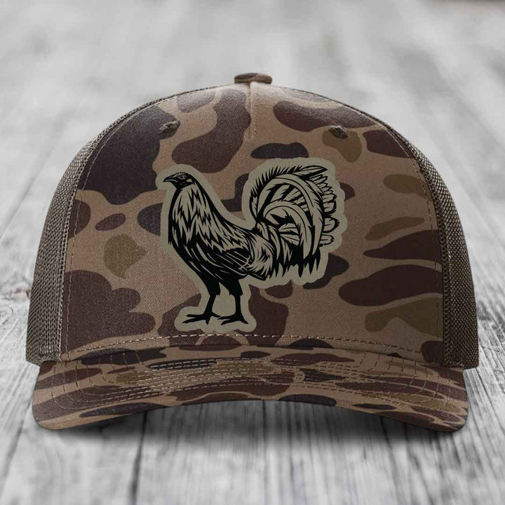 Rooster - Leather Patch Hat - Light Brown to Black Patch - Richardson 112PFP Snapback Trucker Hat