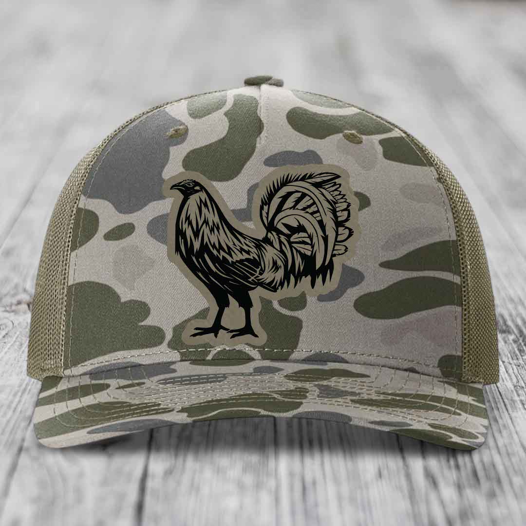 Rooster - Leather Patch Hat - Light Brown to Black Patch - Richardson 112PFP Snapback Trucker Hat