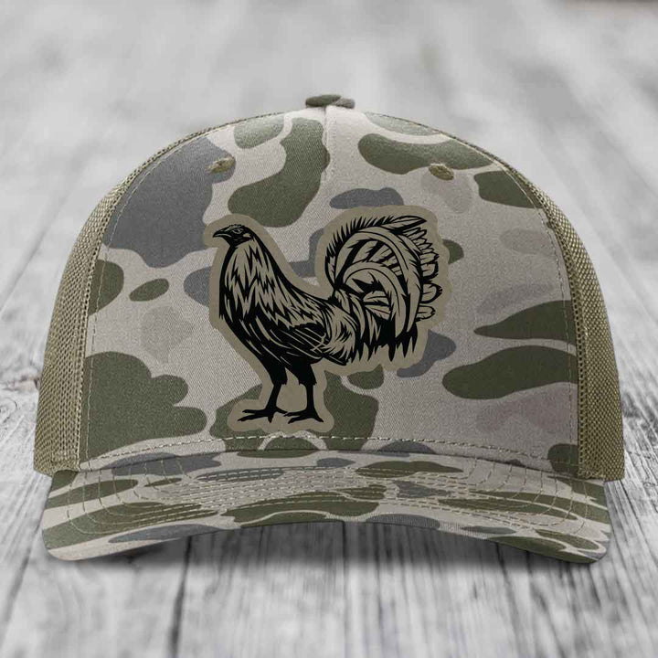 Rooster - Leather Patch Hat - Light Brown to Black Patch - Richardson 112PFP Snapback Trucker Hat
