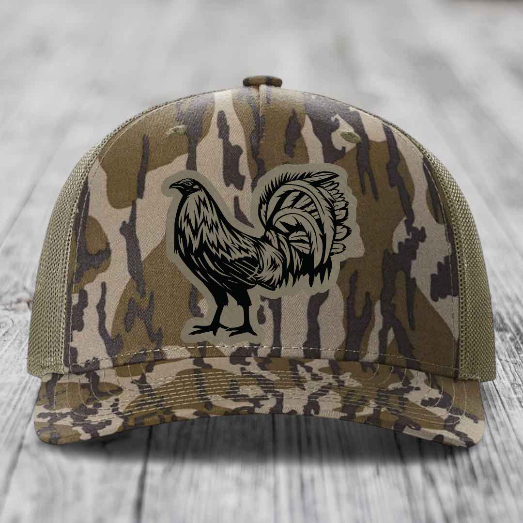 Rooster - Leather Patch Hat - Light Brown to Black Patch - Richardson 112PFP Snapback Trucker Hat