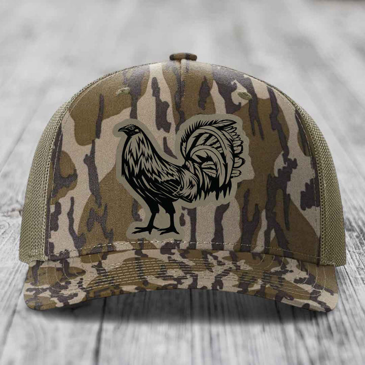 Rooster - Leather Patch Hat - Light Brown to Black Patch - Richardson 112PFP Snapback Trucker Hat