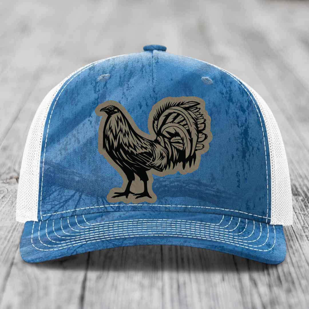 Rooster - Leather Patch Hat - Light Brown to Black Patch - Richardson 112PFP Snapback Trucker Hat