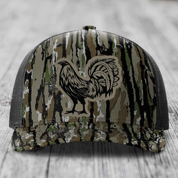 Rooster - Leather Patch Hat - Light Brown to Black Patch - Richardson 112PFP Snapback Trucker Hat
