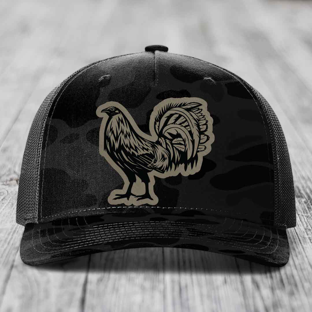 Rooster - Leather Patch Hat - Light Brown to Black Patch - Richardson 112PFP Snapback Trucker Hat