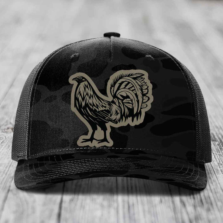 Rooster - Leather Patch Hat - Light Brown to Black Patch - Richardson 112PFP Snapback Trucker Hat