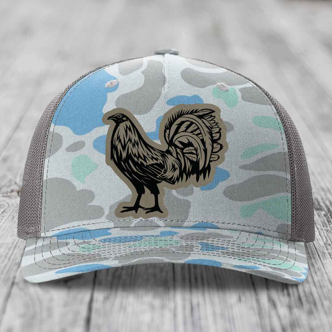 Rooster - Leather Patch Hat - Light Brown to Black Patch - Richardson 112PFP Snapback Trucker Hat