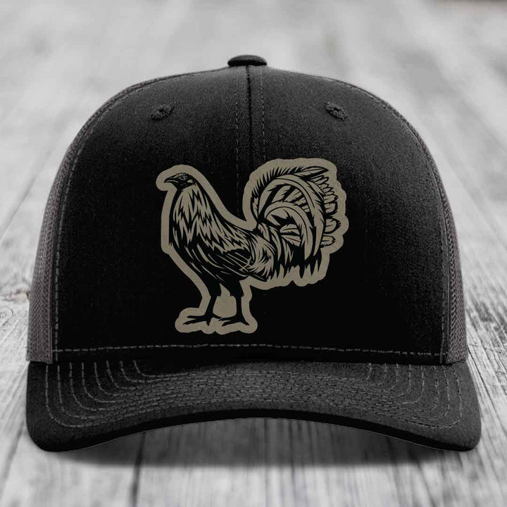 Rooster - Leather Patch Hat - Light Brown to Black Patch - Richardson 112 Snapback Trucker Hat