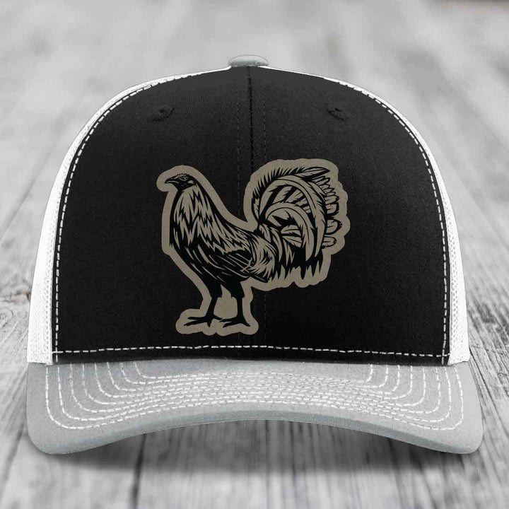 Rooster - Leather Patch Hat - Light Brown to Black Patch - Richardson 112 Snapback Trucker Hat