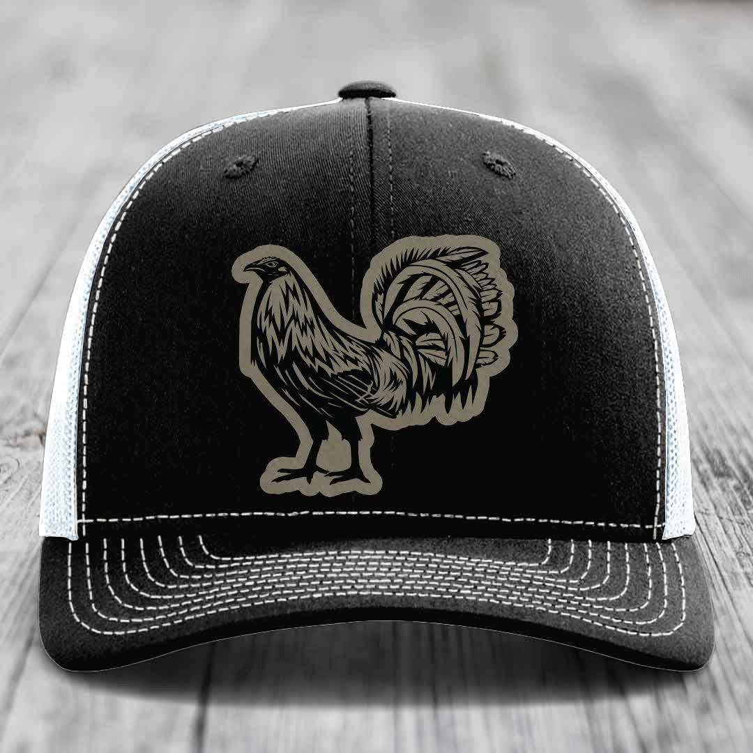 Rooster - Leather Patch Hat - Light Brown to Black Patch - Richardson 112 Snapback Trucker Hat