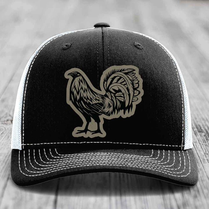Rooster - Leather Patch Hat - Light Brown to Black Patch - Richardson 112 Snapback Trucker Hat