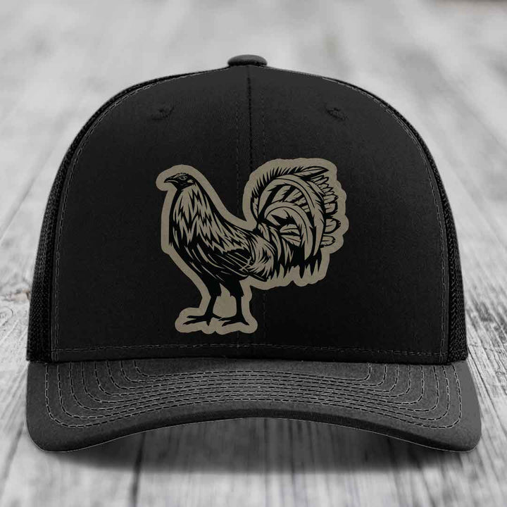 Rooster - Leather Patch Hat - Light Brown to Black Patch - Richardson 112 Snapback Trucker Hat