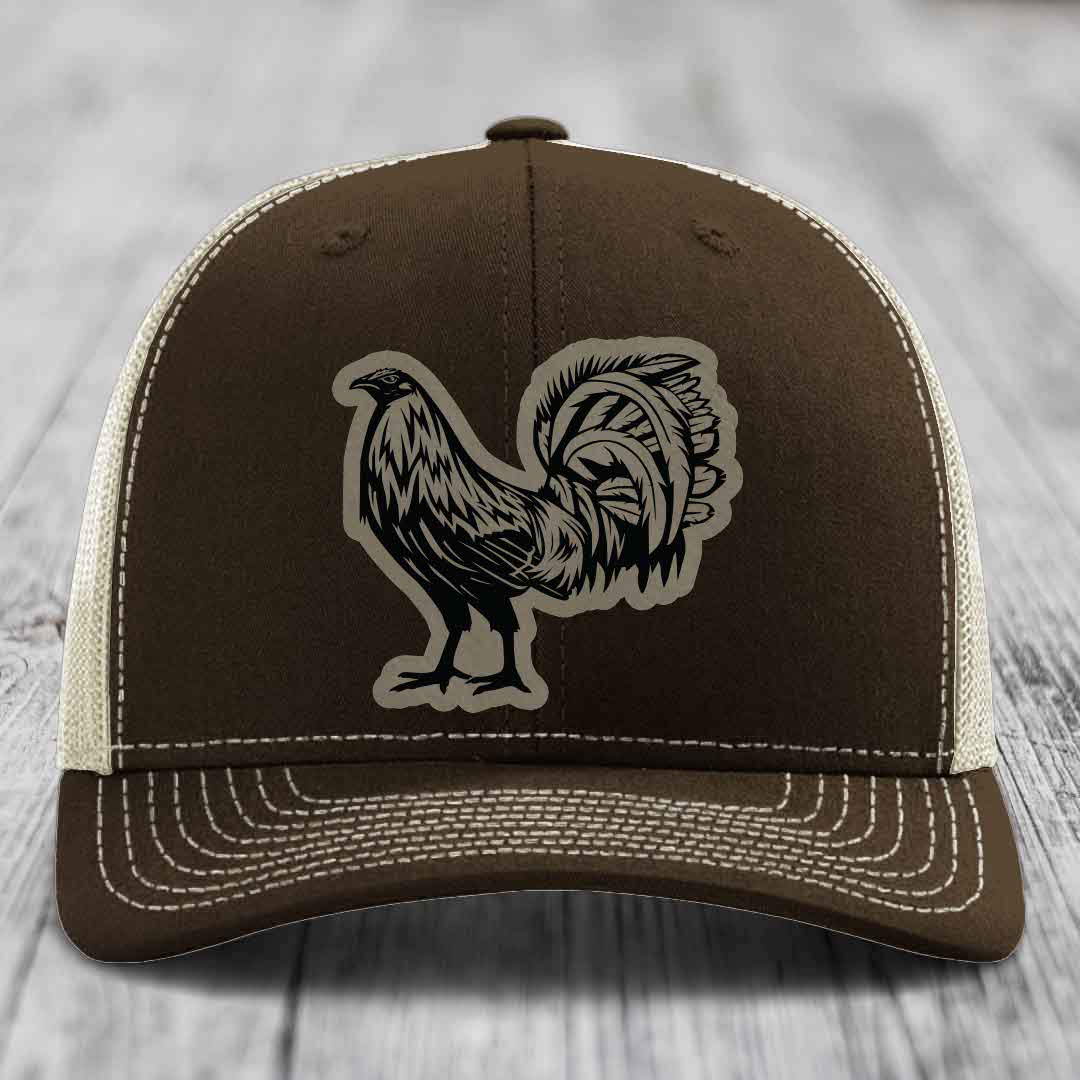 Rooster - Leather Patch Hat - Light Brown to Black Patch - Richardson 112 Snapback Trucker Hat