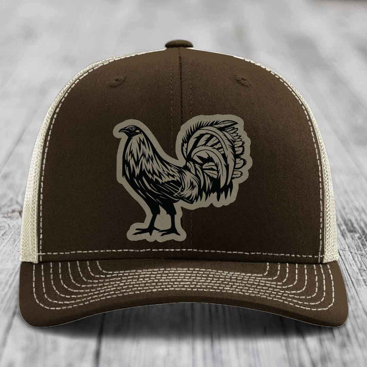 Rooster - Leather Patch Hat - Light Brown to Black Patch - Richardson 112 Snapback Trucker Hat