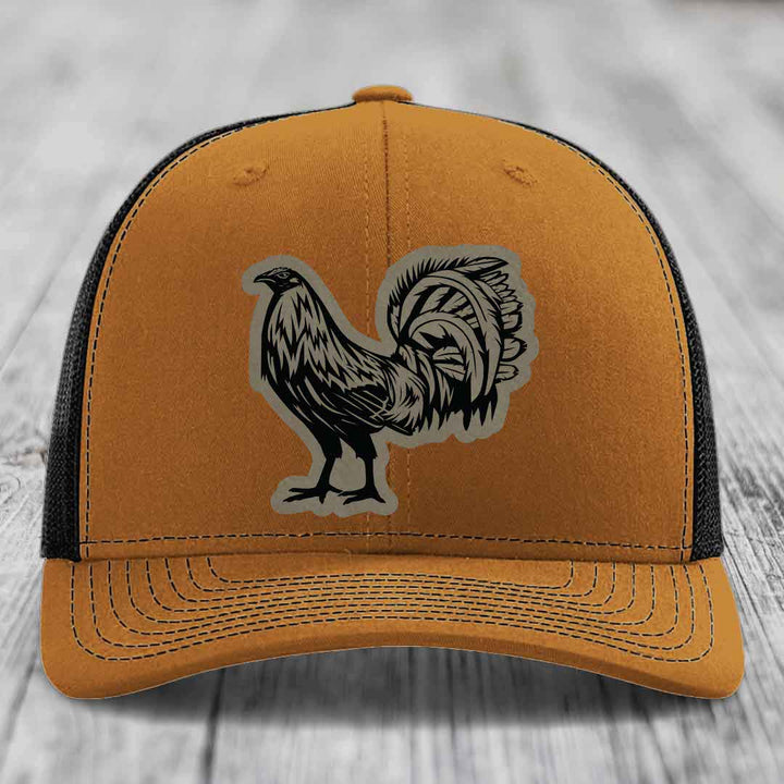 Rooster - Leather Patch Hat - Light Brown to Black Patch - Richardson 112 Snapback Trucker Hat