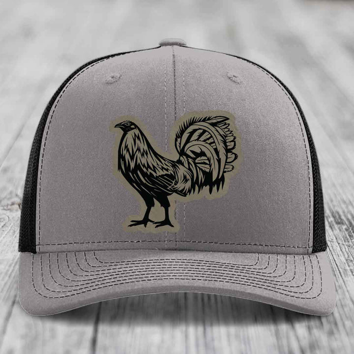 Rooster - Leather Patch Hat - Light Brown to Black Patch - Richardson 112 Snapback Trucker Hat