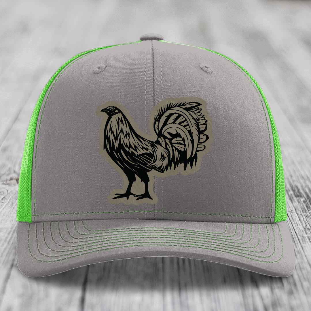 Rooster - Leather Patch Hat - Light Brown to Black Patch - Richardson 112 Snapback Trucker Hat