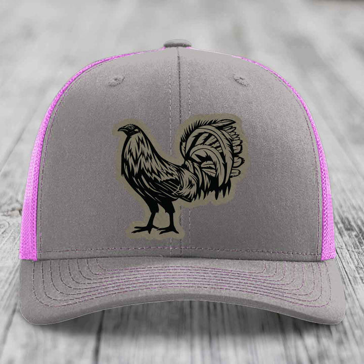 Rooster - Leather Patch Hat - Light Brown to Black Patch - Richardson 112 Snapback Trucker Hat