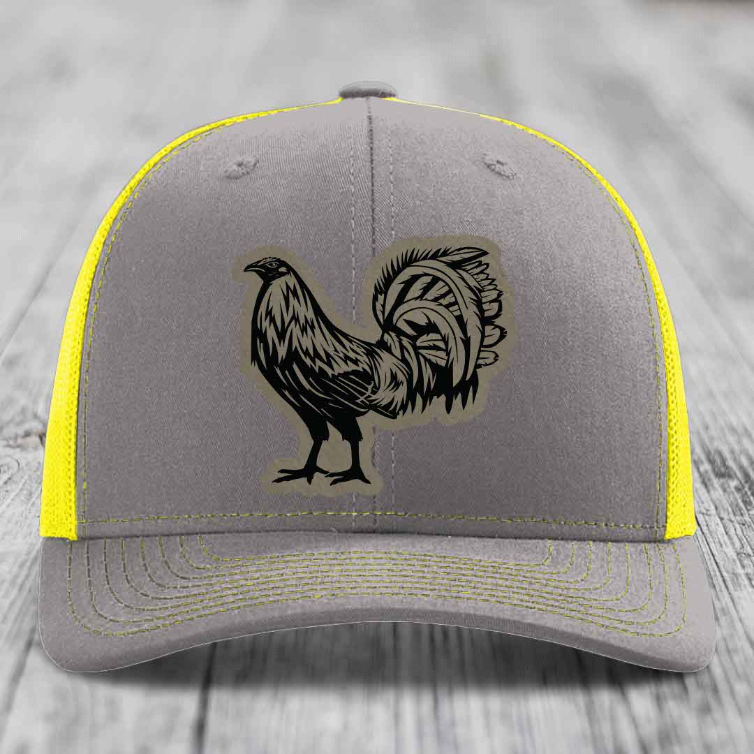 Rooster - Leather Patch Hat - Light Brown to Black Patch - Richardson 112 Snapback Trucker Hat